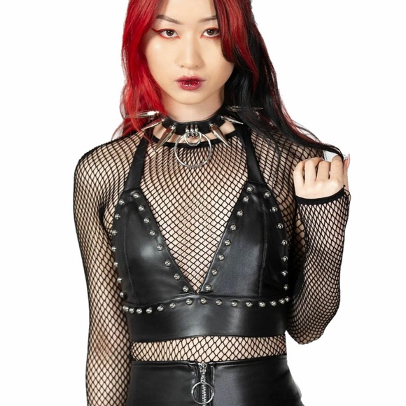 Killstar Tops - Killstar Studded Black studded leather halter Top
